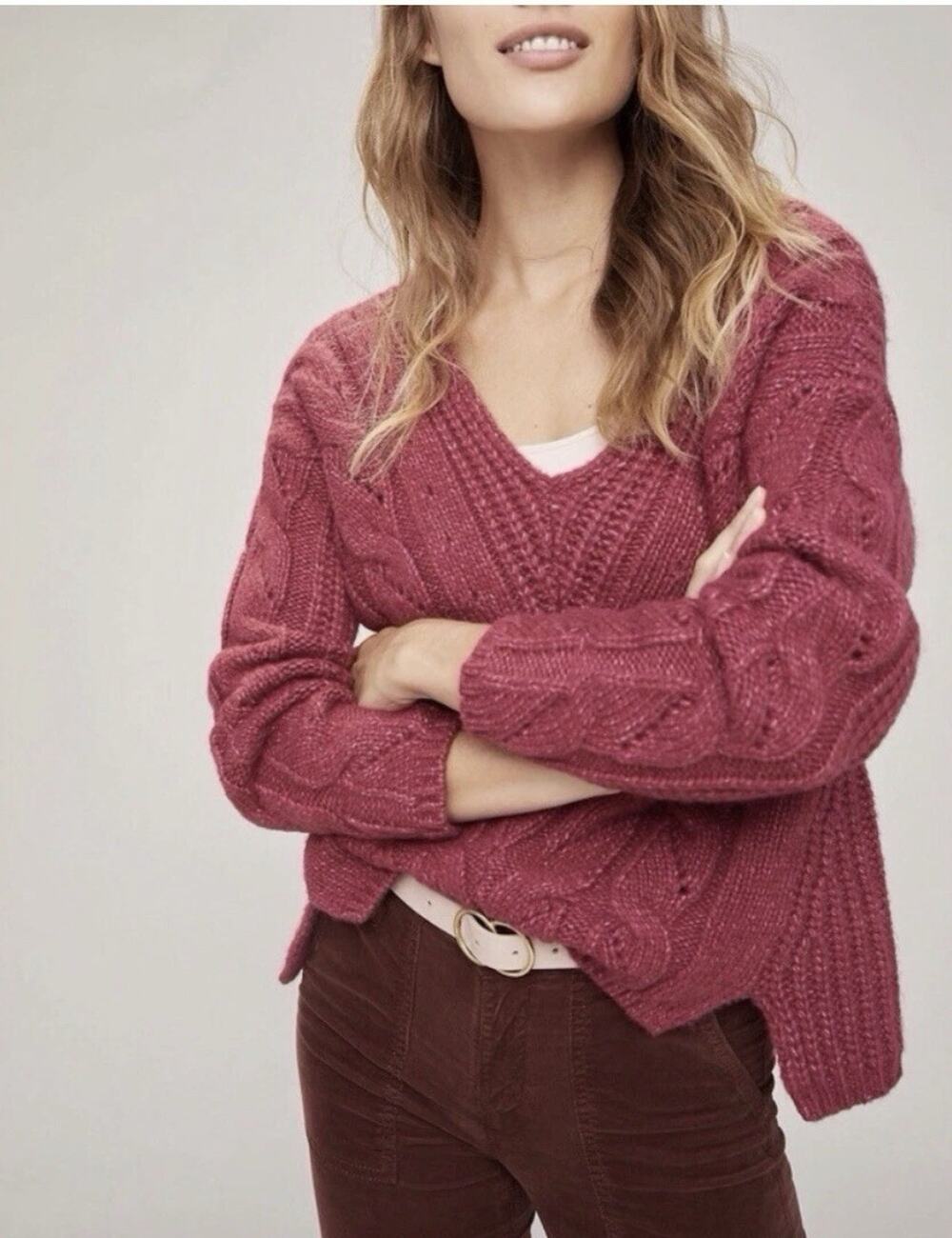 Anthropologie Ramona Sweater 1X Burgundy Raspberry Alpaca Blend Cableknit V Neck